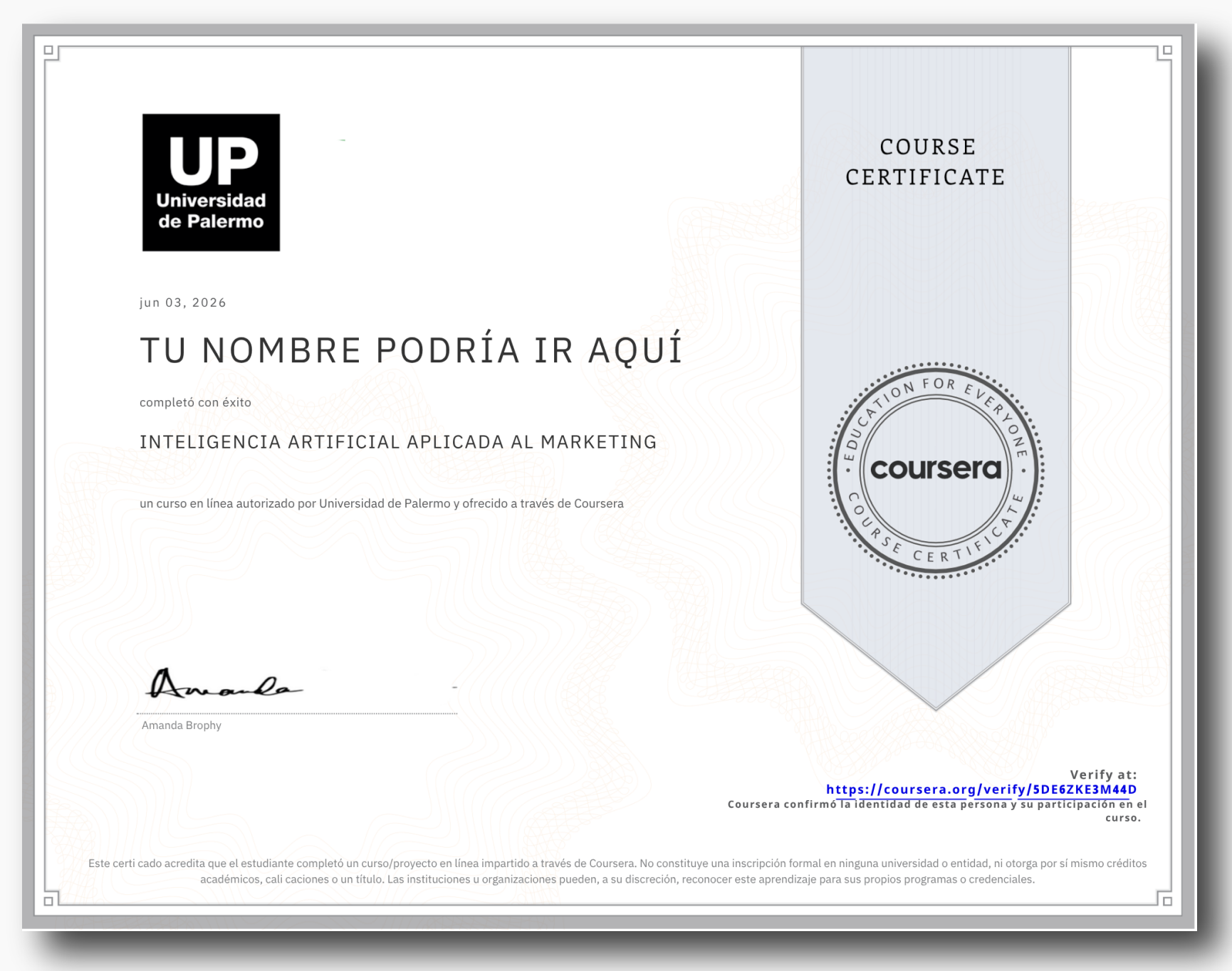 Certificado modelo de la Universidad de Palermo vía Coursera en Inteligencia Artificial aplicada al Marketing