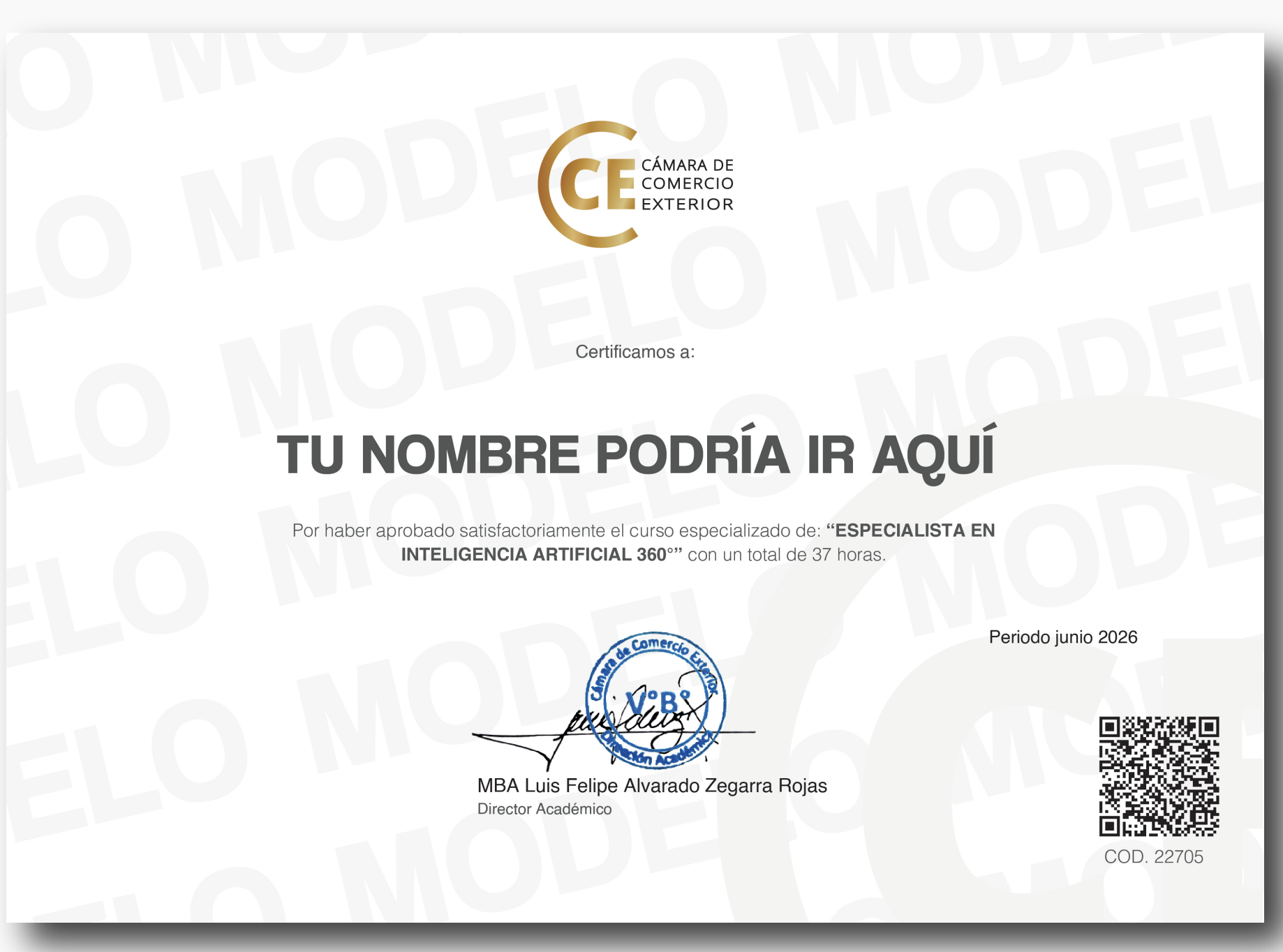 Certificado modelo de la Cámara de Comercio Exterior por el curso Especialista en Inteligencia Artificial 360°